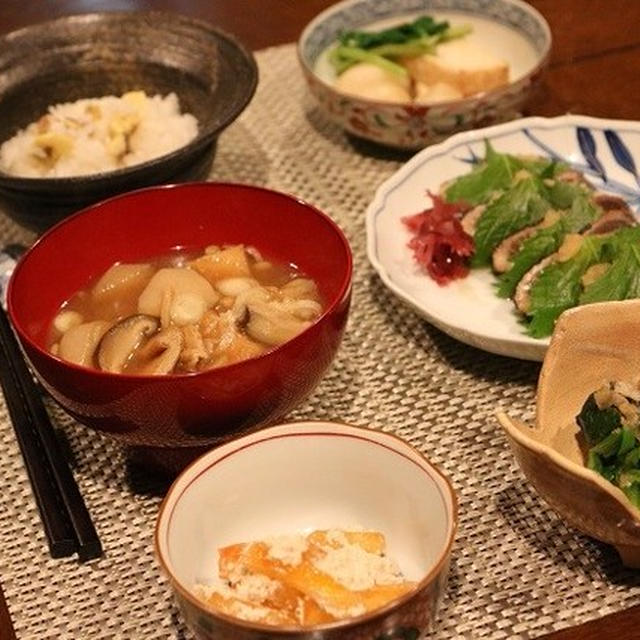 レシピ付き献立　鰹のたたき・生揚げとかぶの煮物・いも汁・栗ご飯・柿の白和え・ほうれん草のお浸し