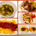 鶏肉団子と空芯菜のスープ、ポークピカタ、カボチャサラダ、サツマイモと鶏の煮物