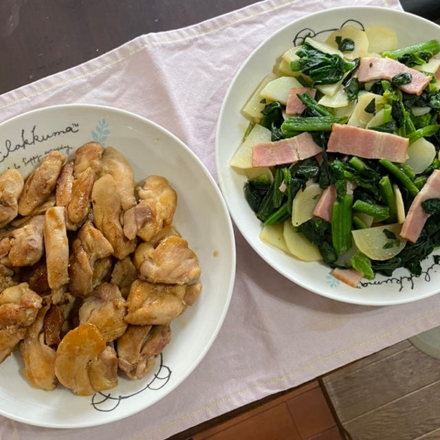 鶏もも肉の照り焼き♪ じゃがいもとベーコンとほうれん草のバターソテー♪