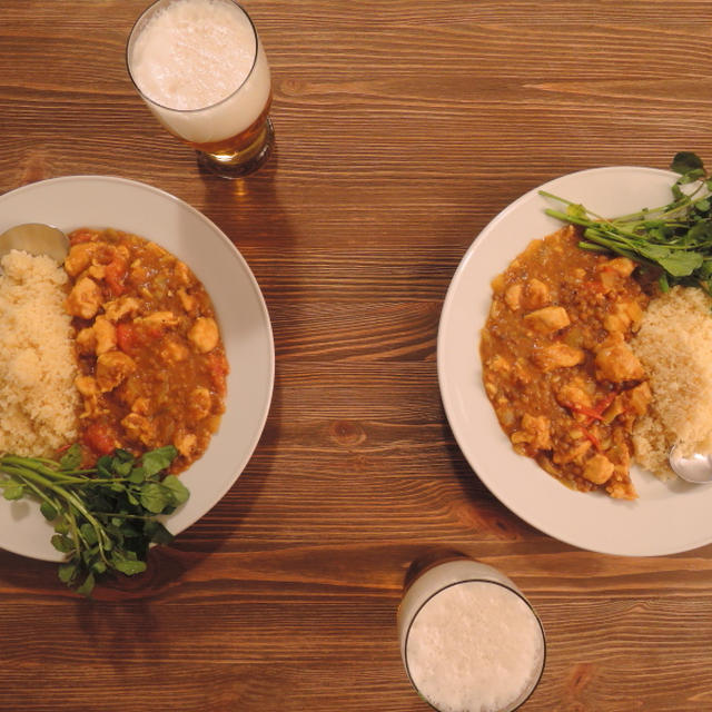 遅い夜ごはん～ささみとレンズ豆の手作りカレーとクスクス～