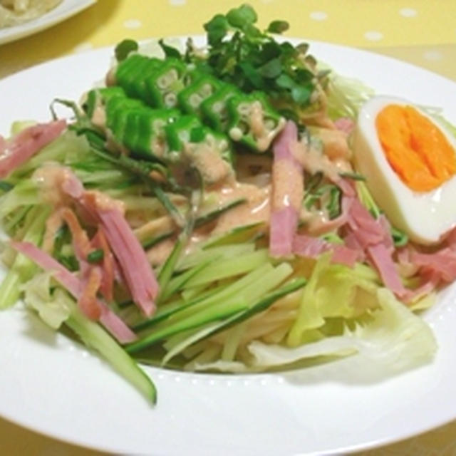 一皿で満足？！夏野菜もりもりの。。。冷やし明太子うどん