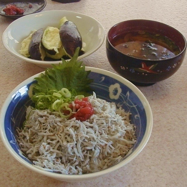 釜揚げしらす丼＆新玉葱と若芽のお味噌汁