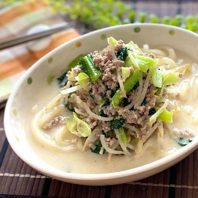 【5分で作る】ひき肉もやしアーモンドミルクうどん