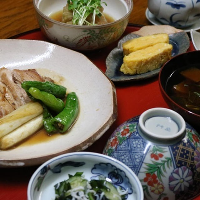 レシピ付き献立　鶏の照り焼き・なすのむら雲煮・甘い卵焼き。きゅうりの酢の物