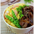 豚バラ丼 と 海老玉丼　A pig rose　and shrimp egg on rice　翻訳できるかな。。