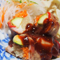 クリスマス用に♫豚バラ肉の野菜ロール巻き&はちみつ入りソース
