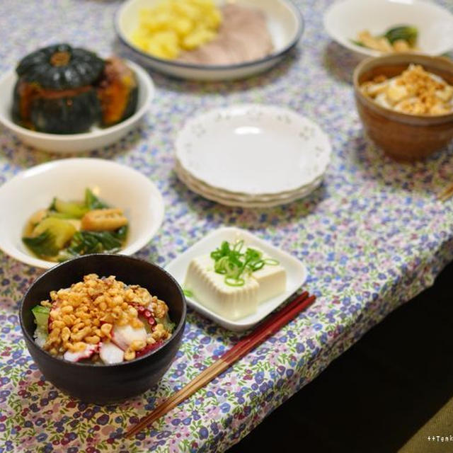 タコ丼（半夏生リベンジ）と青梗菜の煮浸し、メイさんの優しい目