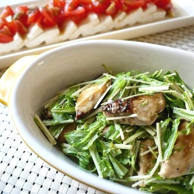 鯖と水菜のマヨ和え、と、豆腐のゴロゴロトマトソースがけ