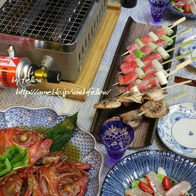 ◆金目鯛の串焼きに焙り刺身のサラダでおうちごはん♪