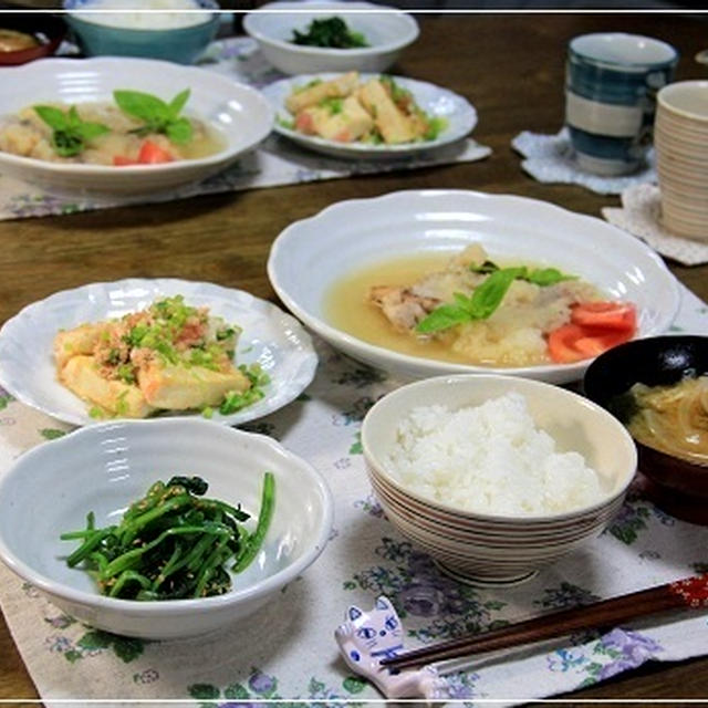 ・鶏のソテー大根ソース＆豆腐とたらこのねぎ炒め　おうちのほうれん草