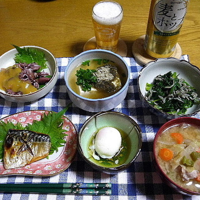 【晩酌】さばの塩焼き・ほたるいか酢味噌和え・豚汁…