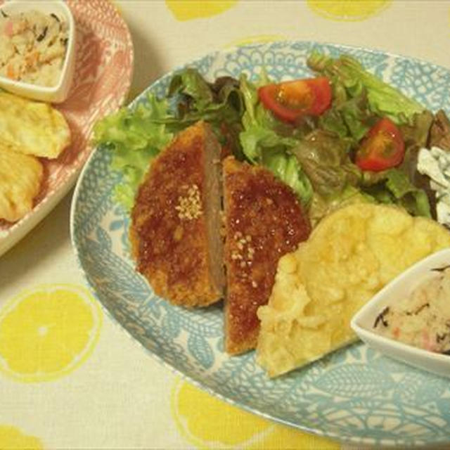 メンチカツとイモ天で一皿とお刺身盛り合わせ