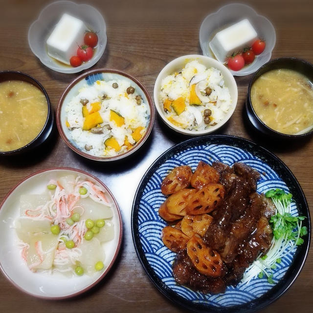 【家ごはん/献立】 豚肉と蓮根の梅酒煮 と ムカゴご飯