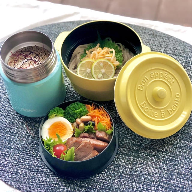 初挑戦！スープジャーで韓国風冷麺弁当！市販品だけど。。。