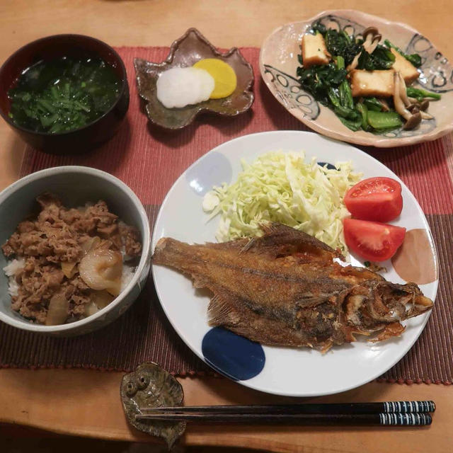カレイの唐揚と牛丼の晩ご飯と　”紫陽花のおまじない”　♪
