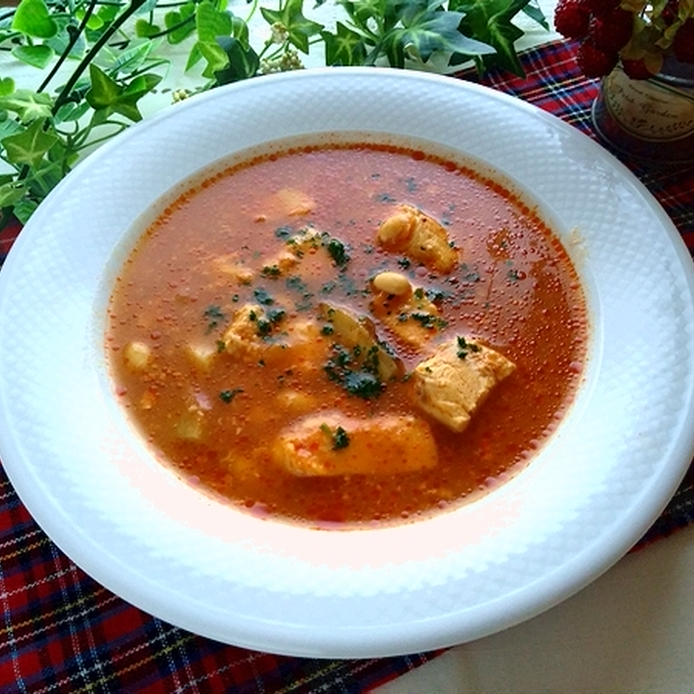 白いスープ皿に入った、鶏肉とごぼうのトマトスープ