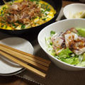 豆腐のバター焼きとイカ乗っけサラダとのびたニャン