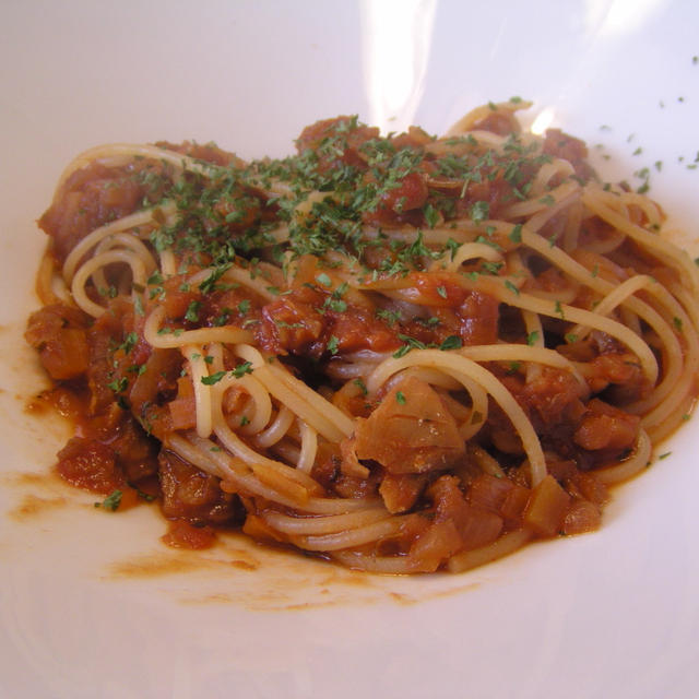 鱈とレンズ豆のトマトスパゲッティー