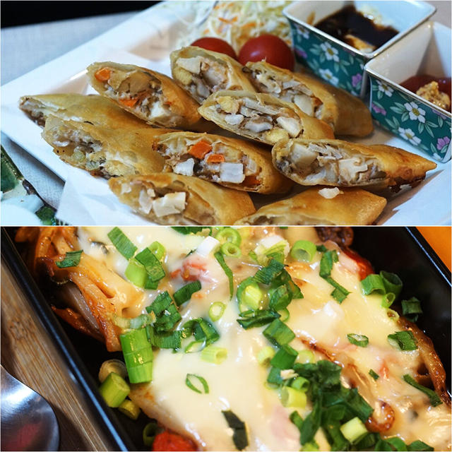 ■続・５／１８日の晩酌メニュー（２）【取り置き粥の汁具＋で春巻き・／ポテトとミニトマトのダブルチーズ焼き】