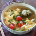 白だしで簡単！鍋ひとつ　とろろ昆布とトマトのかき玉うどん