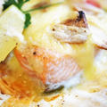 ■秋鮭モニター料理【⑤秋鮭と帆立のガーリックチーズ焼き】濃厚な味わいです♪