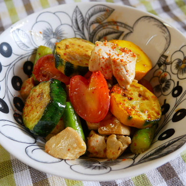 鶏むね肉と夏野菜の炒め物、チリペッパー風味