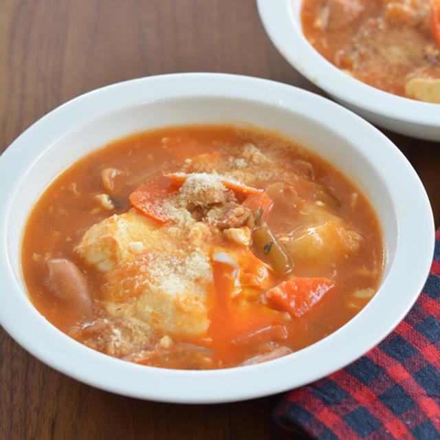 餅入りミネストローネ。の朝ごはん。【ミネストローネ缶で簡単に】