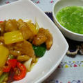 鶏肉の唐辛子炒めとブロッコリーの中華スープ