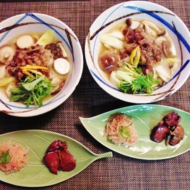 メニュー変更しちゃった☆茸と白葱の餡かけうどん牛肉のしぐれ煮添え♪～♪