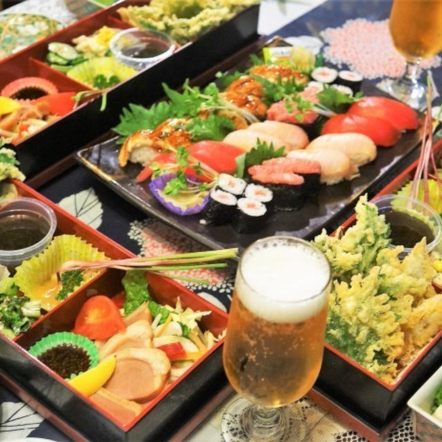 ■GW・BBQの後の晩酌【大葉とヨモギの天婦羅／葱玉の酢味噌かけ／奴／鴨ロースト／市販の握り寿司】