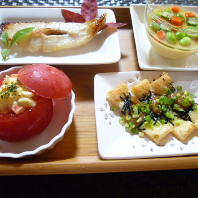 冷たい茶わん蒸し＆牛こま肉とトマトのオイスターソース炒めの献立　夕ご飯（２日分）