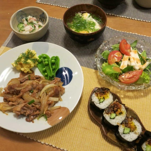 〇モさん風「豚の生姜焼き」とふるせの巻寿司の夜ご飯　と　イベリスの花♪