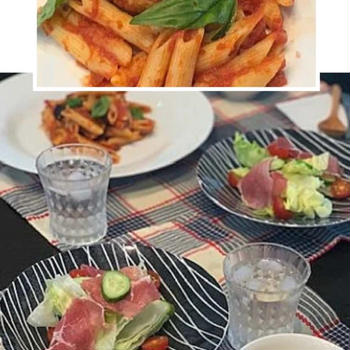 夕食はナス入りペンネアラビアータ～♪♪濃霧の中の市街地です