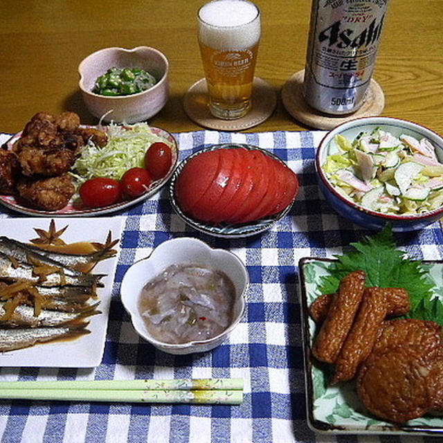 【晩酌】鶏のから揚げ・いわしの生姜煮・おくらおひたし…