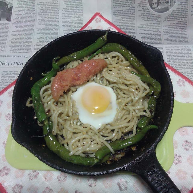 甘長唐辛子+辛子明太子の月見焼きうどん