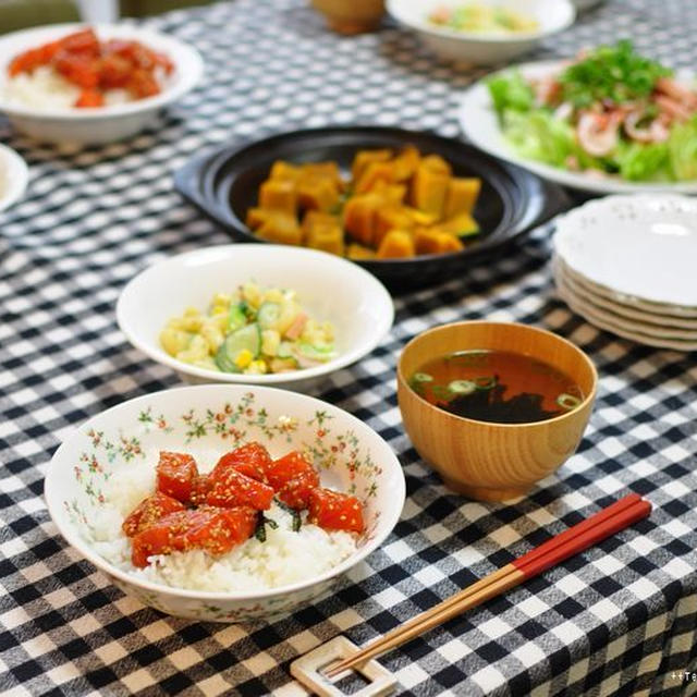 韓国風サーモンの漬け丼とカボチャのカレーバタ煮、それからすぅと母さんの会話