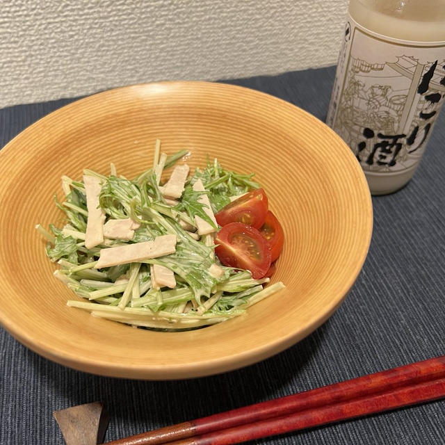 水菜とハムの辛子マヨ和え