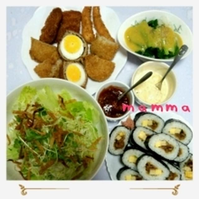 ☆手抜きうちごはん・冷奴&ミックスフライ&分葱味噌和え&パリパリサラダ&巻き寿司☆5/18