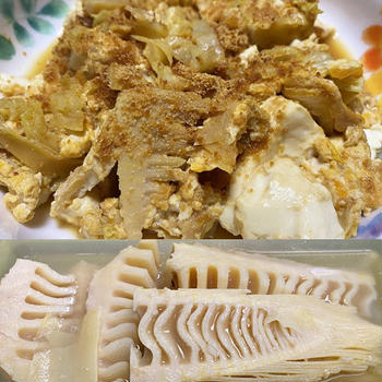 プチっと鍋で！豆腐・タケノコ・春キャベツの卵とじ♪