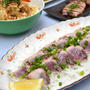 カツオの塩たたき。イカのやわらか姿焼き。アツアツ香味ごまだれの塩キャベツ。の晩ご飯。