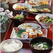 【レシピ】ささみの梅紫蘇フライと海苔チーズフライ。と　献立。　と　しいたけ。