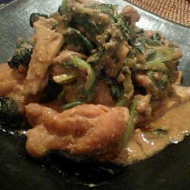 鶏肉と小松菜のゴマ味噌煮・こんがりもちきび豆腐ボール