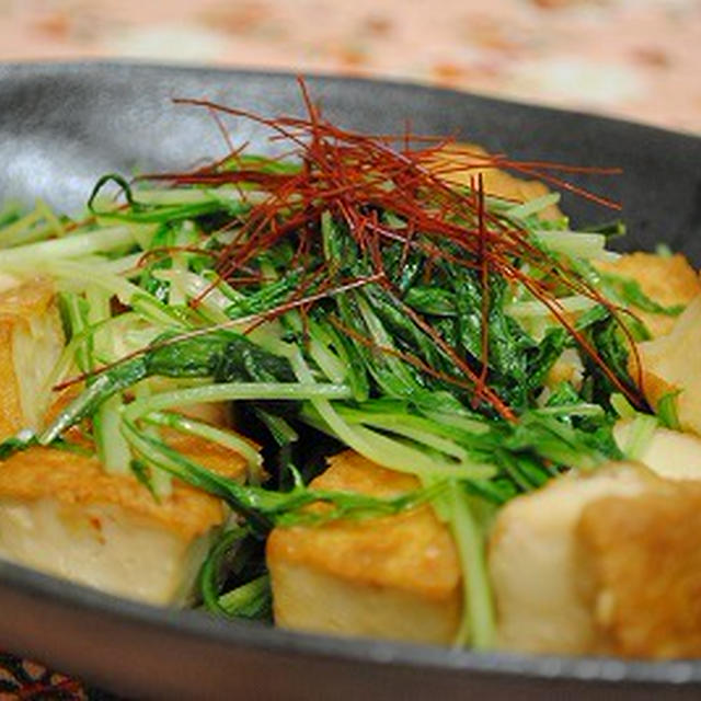 ３分レシピ！水菜と 厚揚げの ガーリック醤油ソテー