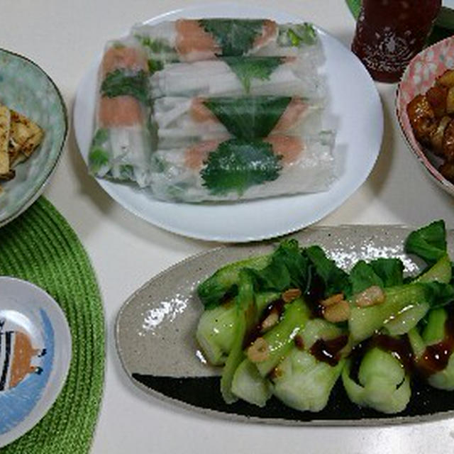 生春巻とチンゲン菜のオイスターソースがけ☆2016/04/09の晩ごはん。