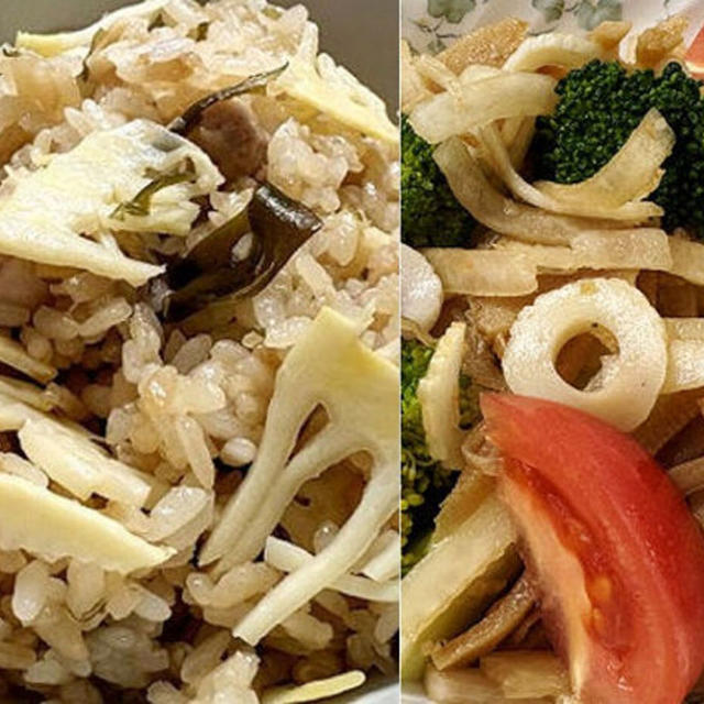 タケノコご飯＆作り置きメンマ風と大根のサラダ＆芽が出てきたバジル♪
