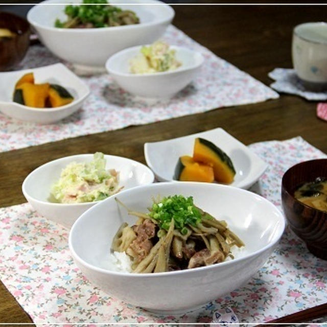 ・豚肉とごぼうとレンコンの甘辛丼