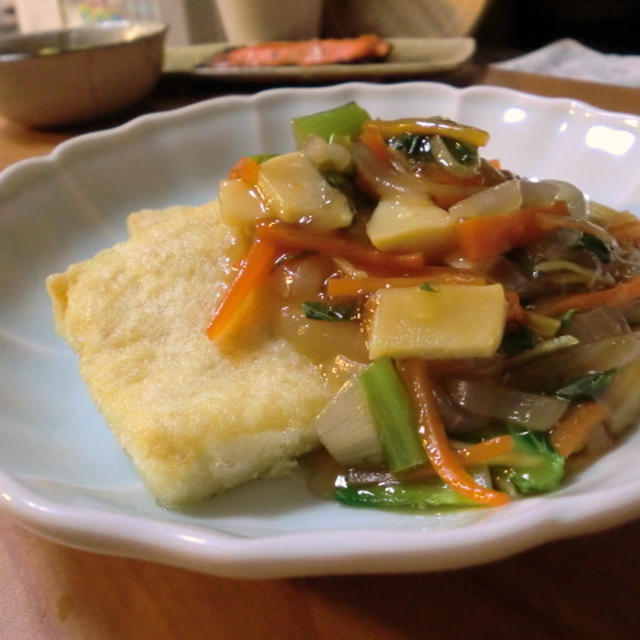 揚げだし豆腐タケノコあんかけ＊キングサーモン生姜焼きの晩ごはん