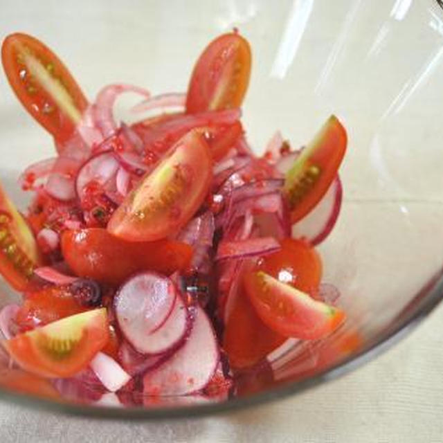 赤い野菜のサラダとラズベリードレッシング