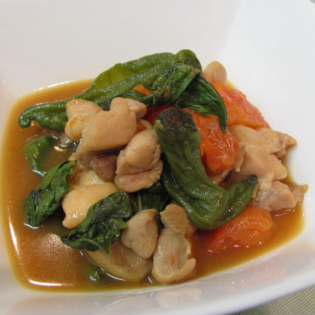 鶏としし唐のトマトバジルうま煮