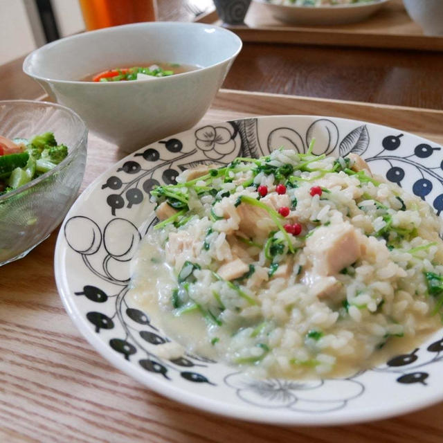 むね肉と豆苗のリゾット、昼ごはん#本日のおうちごはん